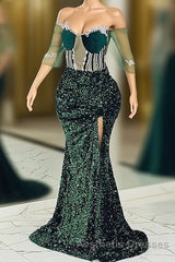 Jewel Mermaid Lace Applique Sequined Floor-length Half Sleeves High Split Evening Prom Dresses