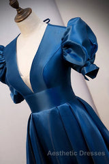 Blue V Neck Satin Short Sleeves Long Evening Prom Dresses Blue Satin Evening Prom Dresses