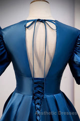 Blue V Neck Satin Short Sleeves Long Evening Prom Dresses Blue Satin Evening Prom Dresses