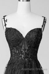Black Sweetheart Tulle With Lace Long A-Line Evening Prom Dresses, Black Formal Dresses