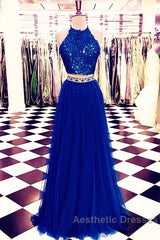 Lace Crop Top Tulle Evening Prom Dresses Two Piece Evening Gowns Beaded Sashes