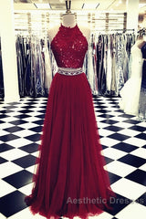 Lace Crop Top Tulle Evening Prom Dresses Two Piece Evening Gowns Beaded Sashes