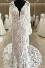 Lace Plunge V Mermaid Long Wedding Dresses With Bell Sleeves