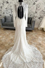 Lace V-Neck Lace-Up Back Long Sleeve Mermaid Wedding Dresses