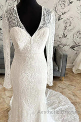 Lace V-Neck Lace-Up Back Long Sleeve Mermaid Wedding Dresses