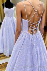 Lavender Spaghetti Strap Sparkly Evening Prom Dresses Long, Shiny Long Evening Prom Dresses