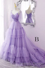 A Line V Neck New Style Tiered Long Tulle Evening Prom Dresses, Evening Prom Gown with Flower