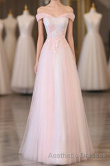 Light Pink Lace Off Shoulder Lonng Evening Prom Dresses, Pink Evening Prom Dresses