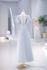 Light Blue Satin Long Prom Dress with Pearls, A-Line Short Sleeve Party Dress