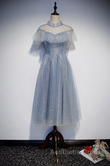 Light Blue Shiny Tulle High Neckline Homecoming Dresses Party Dresses, Blue Short Evening Prom Dresses