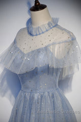 Light Blue Shiny Tulle High Neckline Homecoming Dresses Party Dresses, Blue Short Evening Prom Dresses