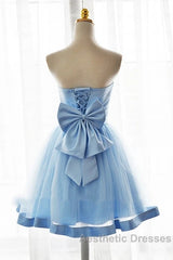 Light Blue Tulle Sweetheart With Bow Cute Party Dresses, Blue Short Homecoming Dresses