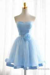 Light Blue Tulle Sweetheart With Bow Cute Party Dresses, Blue Short Homecoming Dresses Evening Prom Dresses