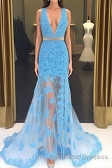 Light Blue V Neck Mermaid Lace Applique Long Evening Prom Dresses, Lace Blue Formal Dresses, Evening Dresses