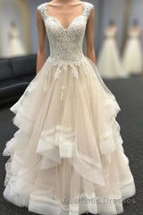 Light champagne lace tulle long wedding Dresses, lace evening Dresses