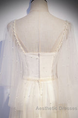 Light Champagne Short Sleeves Long Wedding Party Dresses, Cute Evening Prom Dresses