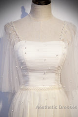 Light Champagne Short Sleeves Long Wedding Party Dresses, Cute Evening Prom Dresses