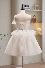 Light Champagne Short Tulle Evening Prom Dresses, Short Light Champagne Formal Graduation Dresses