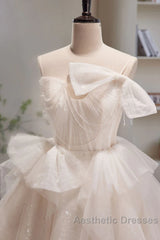Light Champagne Short Tulle Evening Prom Dresses, Short Light Champagne Formal Graduation Dresses