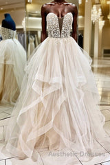 Light champagne tulle lace long Evening Prom Dresses tulle formal Dresses