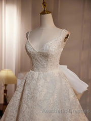 Light Champagne V-Neck Lace Long Evening Prom Dresses Weeding Dresses