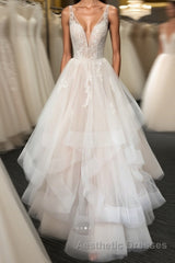Light champagne v neck tulle lace long Evening Prom Dresses, wedding Dresses
