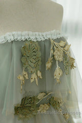 Light Green Off Shoulder Tulle Long Evening Prom Dresses A-Line Green Party Dresses