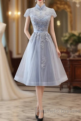Light Grey Tulle With Lace Short Party Dresses Homecoming Dresses
