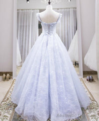 Light purple tulle lace long prom dress, blue evening dress