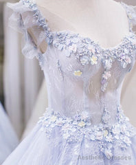 Light purple tulle lace long prom dress, blue evening dress