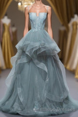 Gray Spaghetti Straps Tulle Princess Formal Evening Prom Party Dresses Long Formal Evening Prom Dresses