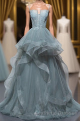 New Arrival Spaghetti Straps Tulle Long Formal Evening Prom Dresses, Charming Evening Prom Party Dresses