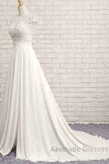 Long A-line Appliques Lace Chiffon Wedding Dresses with Slit