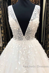 Long A-Line Deep V Neck Tulle Wedding Dresses