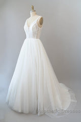 Long A-line Open Back Sequins Tulle Backless Wedding Dresses