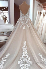 Long A-Line Sequin Tulle Spaghetti Straps Appliques Lace Wedding Dresses