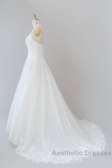 Long A-line Spaghetti Strap Applique Tulle Backless Wedding Dresses