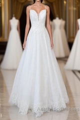 Long A-line Spaghetti Strap Applique Tulle Backless Wedding Dresses