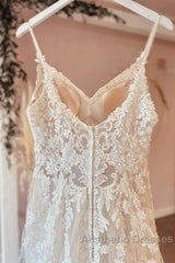 Long A-Line Spaghetti Straps Sweetheart Appliques Lace Tulle Wedding Dresses