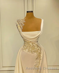 Long A-Line Square Neckline Satin Ivory Evening Prom Dresses With Slit