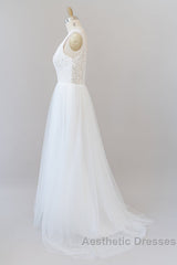 Long A-line Straps V-neck Chiffon Open Back Wedding Dresses