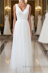 Long A-line Straps V-neck Chiffon Open Back Wedding Dresses