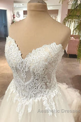 Long A-Line Sweetheart Backless Tulle Appliques Lace Wedding Dresses