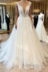 Long A-Line Sweetheart Floral Lace Tulle Wedding Dresses