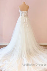 Long A-Line Sweetheart Tulle Appliques Lace Wedding Dresses
