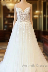 Long A-Line Sweetheart Tulle Appliques Lace Wedding Dresses