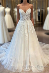 Long A-line Sweetheart Tulle Wedding Dresses with Lace