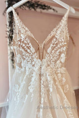 Long A-Line Tulle Appliques Lace Spaghetti Straps V-neck Backless Wedding Dresses
