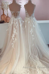 Long A-Line Tulle Lace Appliques Backless Wedding Dresses