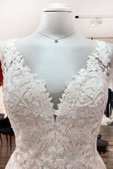 Long A-line Tulle V Neck Open Back Appliques Lace Wedding Dresses
